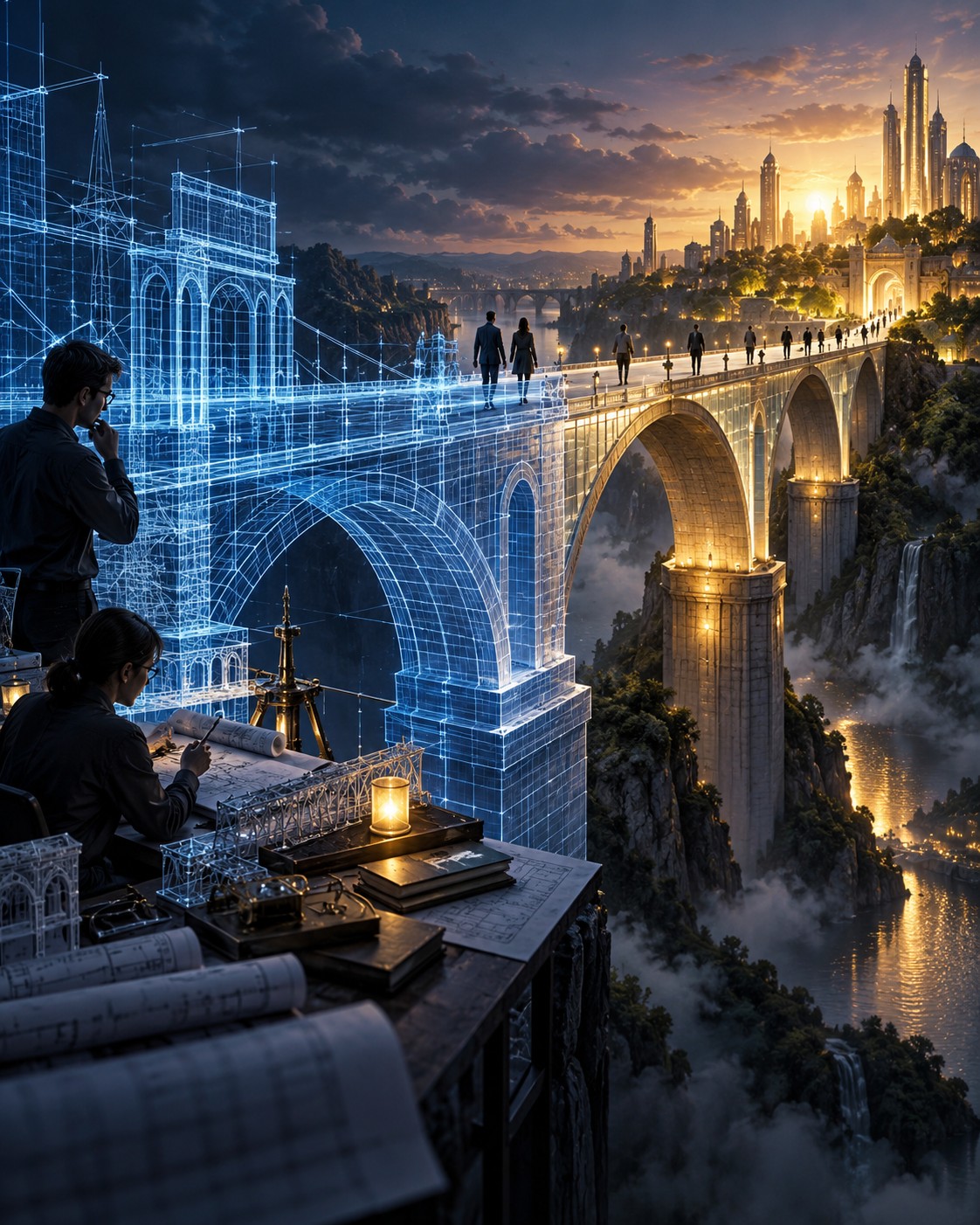 A bridge emerges from a blueprint and reaches toward a living city. Cardano’s research-led approach becomes economically meaningful when people choose the applications built on it.