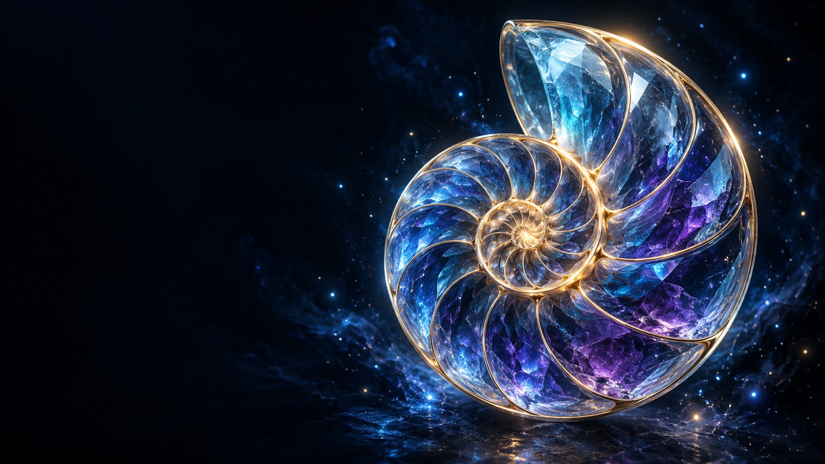 Luminous blue and violet nautilus with fine gold edges against deep space