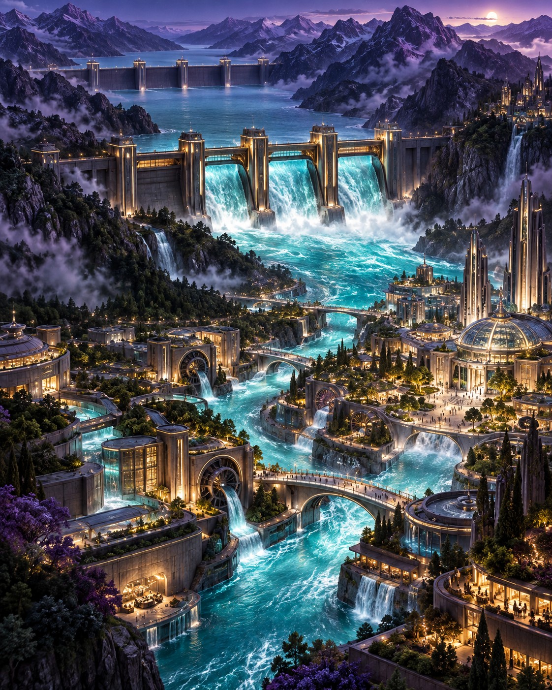 A powerful river passes through engineered gates toward a city. High throughput is a capability; sustained applications and users are what make that capability useful.