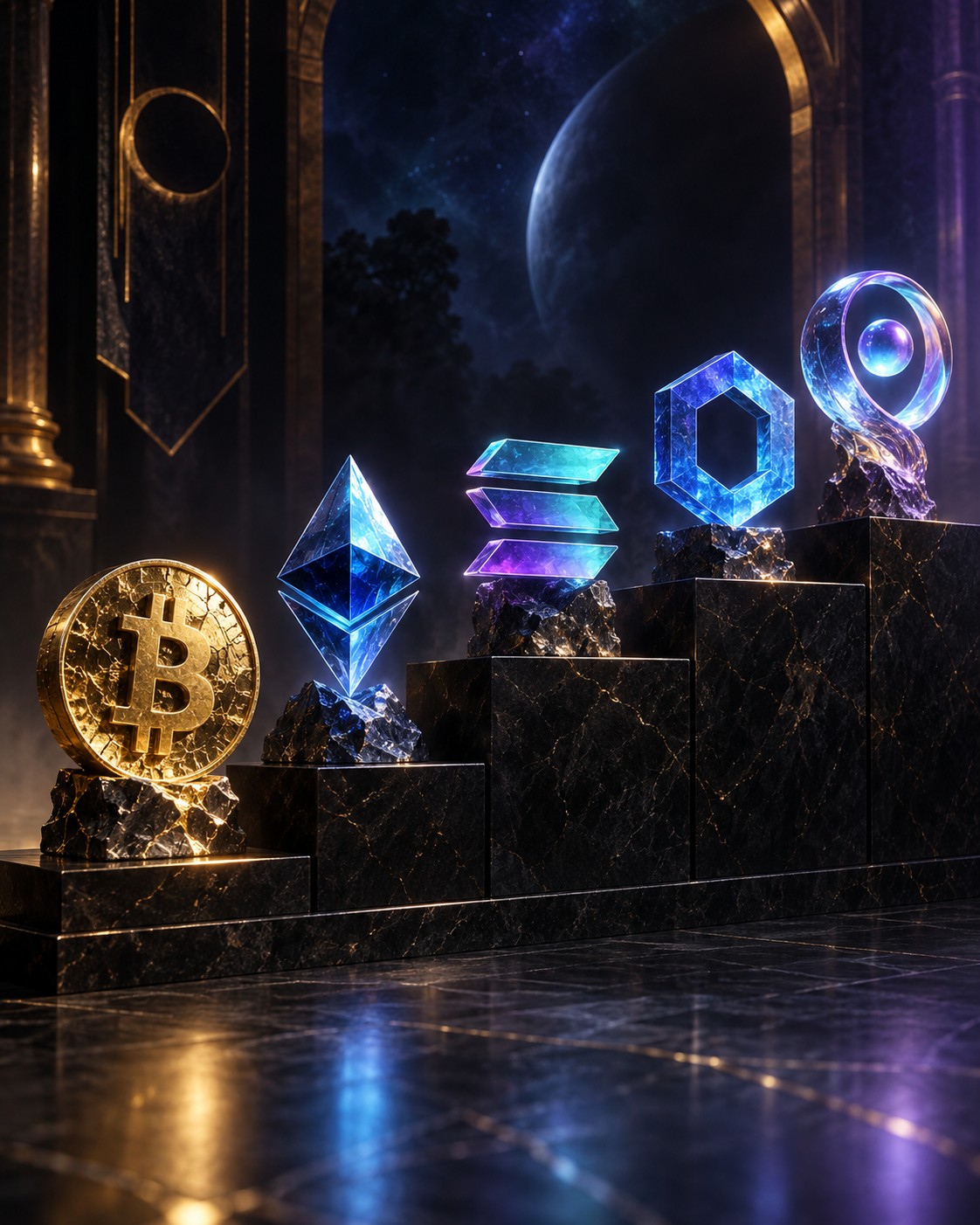Five sculptures represent Bitcoin, Ethereum, Solana, Chainlink and Aave. They express different economic roles—not equal risk, equal allocations or guaranteed winners.