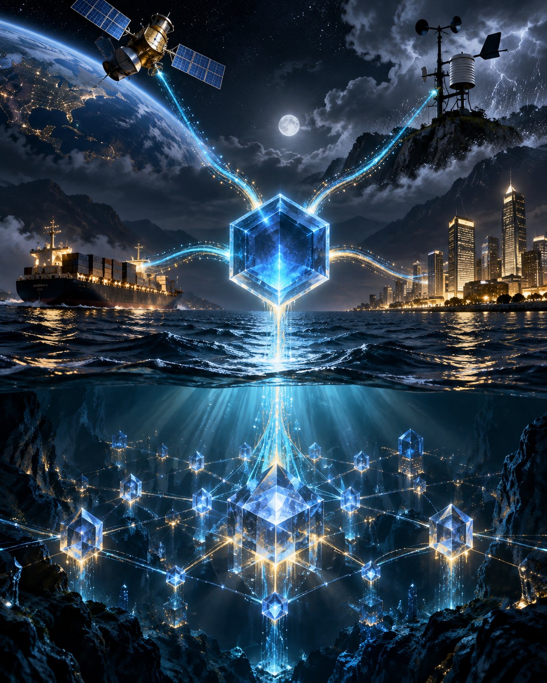 A blue junction gathers signals from shipping, weather, satellites and finance. Chainlink’s opportunity is reliable connectivity; adoption and LINK value capture still need separate scrutiny.