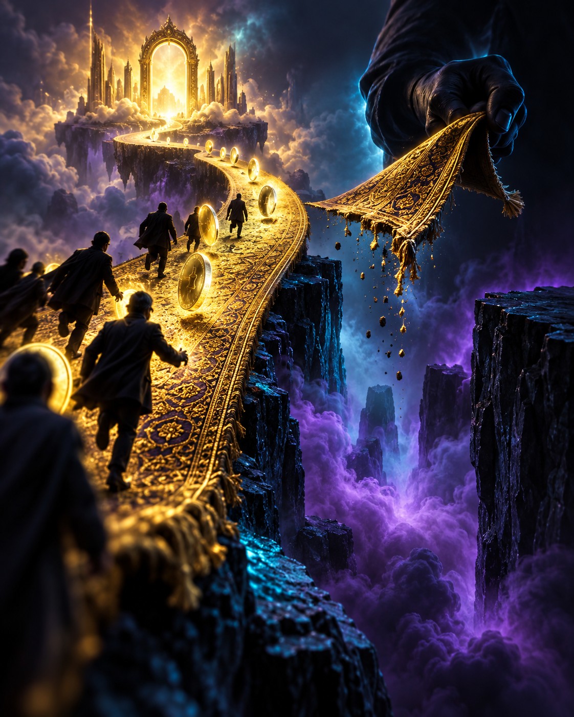 A glittering path attracts a crowd while a hidden hand pulls it away. Liquidity, permissions and insider control can matter more than a rising price. This is a risk metaphor, not an accusation against a particular project.