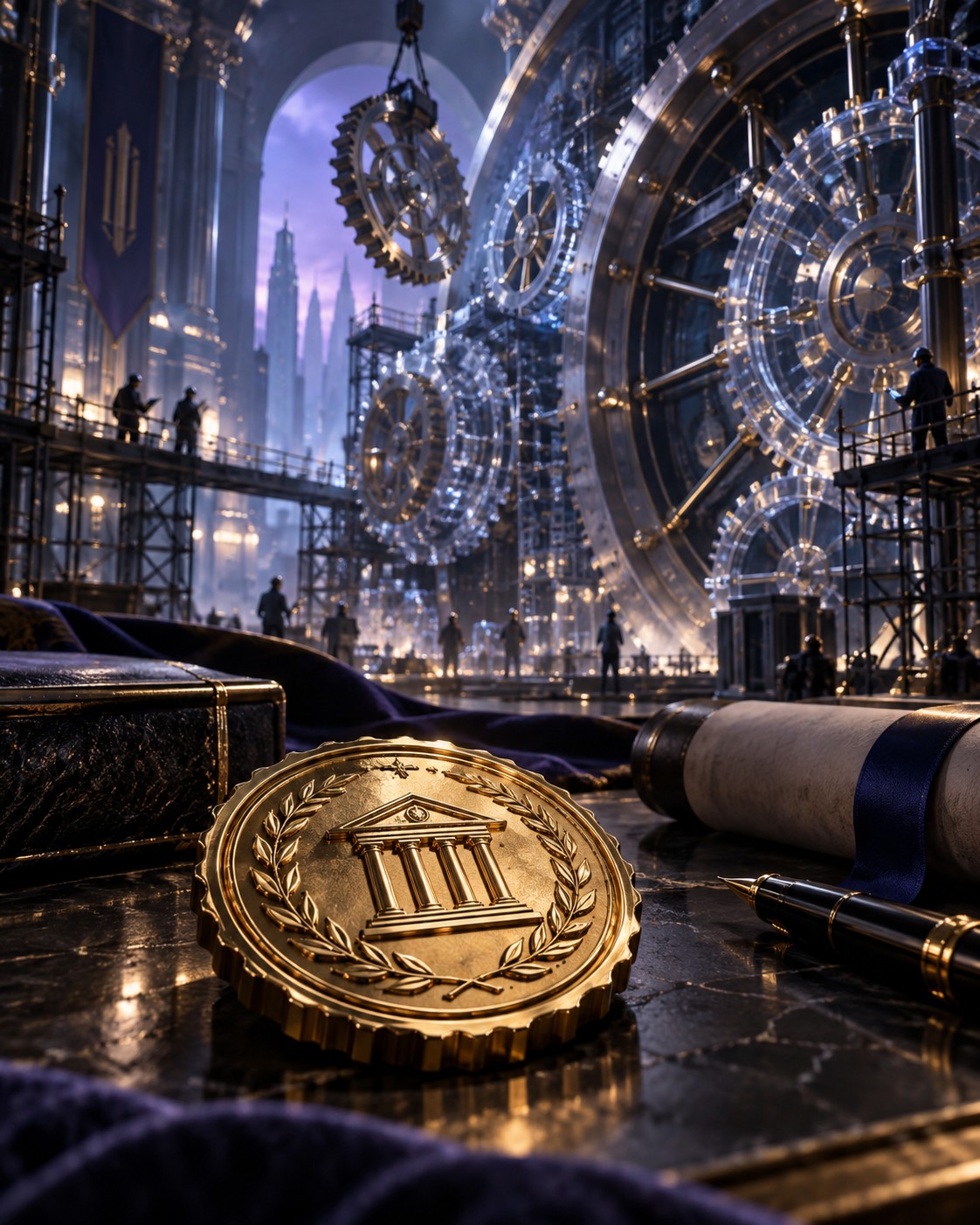 A ceremonial seal sits before an intricate mechanism under construction. Passing legislation and implementing a functioning stablecoin framework are distinct steps.